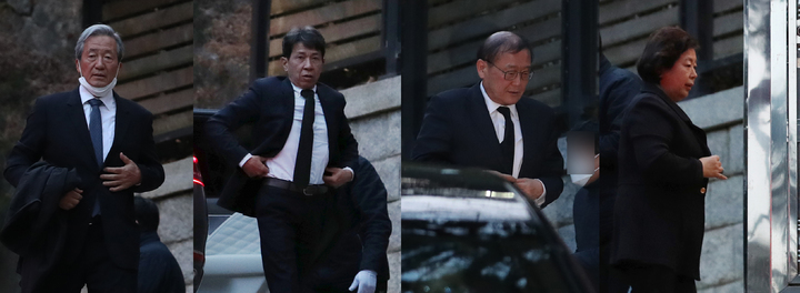 [서울=뉴시스] 고승민 기자 = 20일 정주영 현대그룹 명예회장 22주기 제사가 열렸다. 이날 서울 청운동 정의선 현대자동차그룹 회장 자택(옛 정주영 명예회장 자택)으로 정몽준(사진 왼쪽부터) 아산재단 이사장, 정몽용 현대성우홀딩스 회장, 정몽원 HL그룹 회장, 현정은 현대그룹 회장이 들어서고 있다. 2023.03.20. kkssmm99@newsis.com