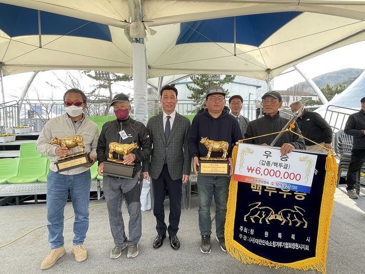 [창원=뉴시스] 강경국 기자 = 전국 황소의 왕중왕을 가리는 제21회 창원 전국 민속 소힘겨루기 대회가 지난 16일부터 20일까지 5일간 경남 창원특례시 북면마금산온천지구 특설경기장에서 개최된 가운데 창원의 '힘센' 소가 백두급에서, 창원의 '화랑' 소가 한강급에서, 김해의 '흑곰'이 태백급에서 각각 우승을 차지했다. (사진=창원시청 제공). 2023.03.21. photo@newsis.com *재판매 및 DB 금지