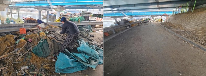 [인천=뉴시스] 영동고속도로 하부에 적치된 해양쓰레기 수거 전후 모습. (사진=남동구 제공) *재판매 및 DB 금지