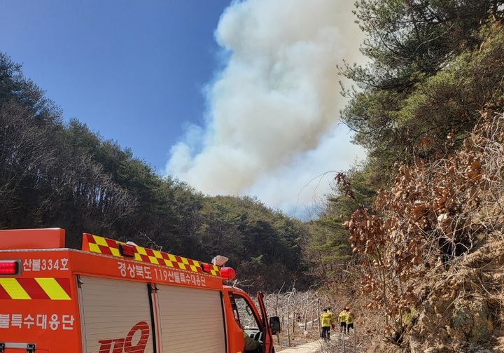 안동시 도산면에서 산불이 발생해 연기가 피어오르고 있다. (사진=경북소방본부 제공) *재판매 및 DB 금지