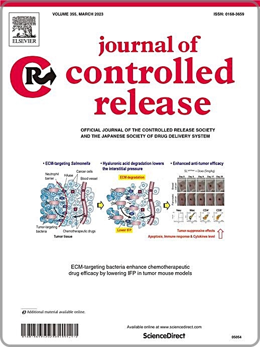 [대전=뉴시스] 국제학술지 'Journal of Controlled Release'지 표지에 실린 생명연구원의 '종양 세포외 기질 분해 효소를 함유한 약독화 살모넬라균의 암 탐지 및 표적 치료 모식도'. *재판매 및 DB 금지