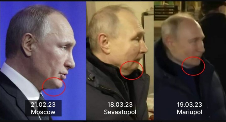 [서울=뉴시스] 안톤 게라셴코 우크라이나 내무장관 보좌관이 20일(현지시간) 트위터에 올린 블라디미르 푸틴 러시아 대통령의 사진. 그는 푸틴 대통령의 사진 속 턱의 생김새가 다르다고 지적하며 또 다시 대역 논란에 불을 지폈다. (사진=트위터 캡처) 2023.03.21.