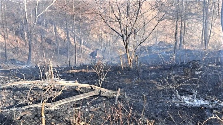 [원주=뉴시스] 이덕화 기자 = 21일 오후 3시 15분께 강원 원주시 소초면 교항리 인근 야산에서 발생한 산불이 1시간 20여분 만인 오후 4시 37분 진화됐다. 산림당국은 현재 뒷불감시를 하고 있다. (사진=강원도산불방지센터 제공) 2023.03.21. photo@newsis.com *재판매 및 DB 금지