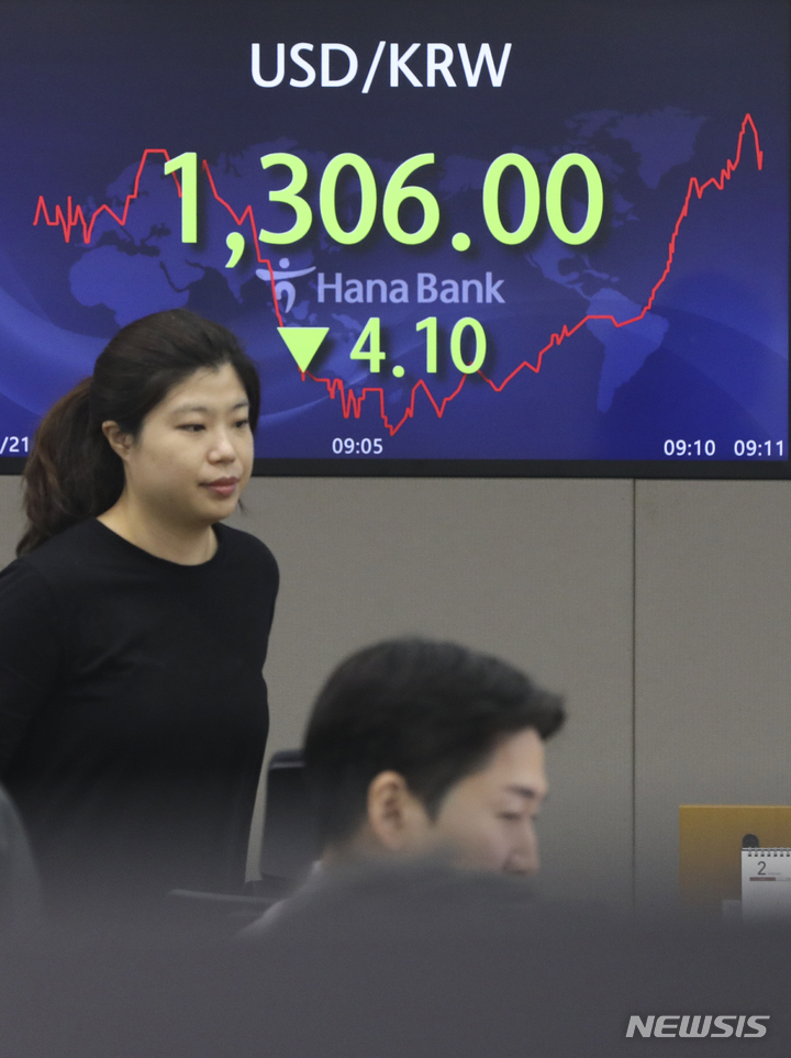 [서울=뉴시스] 최진석 기자 = 서울 외환시장에서 원·달러 환율이 전 거래일(1310.1원)보다 4.9원 하락한 1305.2원에 출발한 21일 서울 중구 명동 하나은행 딜링룸에서 딜러들이 업무를 보고 있다. 2023.03.21. myjs@newsis.com