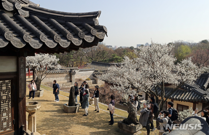 [서울=뉴시스] 김금보 기자 = 절기상 춘분인 21일 오후 서울 종로구 창덕궁 낙선재를 찾은 관람객들이 봄나들이하고 있다. 창덕궁은 4월6일까지 매주 화·수·목요일마다 평소 입장이 제한되던 낙선재 뒤뜰 후원 일대를 둘러보는 '봄을 품은 낙선재' 프로그램을 운영한다. 2023.03.21. kgb@newsis.com