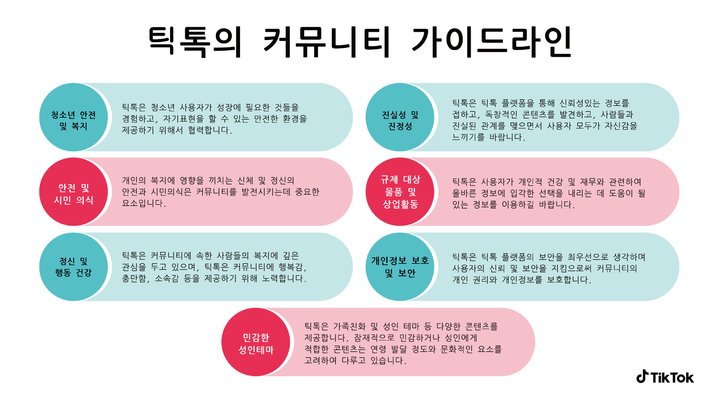 틱톡이 22일 커뮤니티 가이드라인을 통합 개정해 발표했다. 골자다. 새로운 커뮤니티 가이드라인은 내달 21일부터 전 세계 틱톡 플랫폼에서 일괄 적용된다.(사진=틱톡) *재판매 및 DB 금지