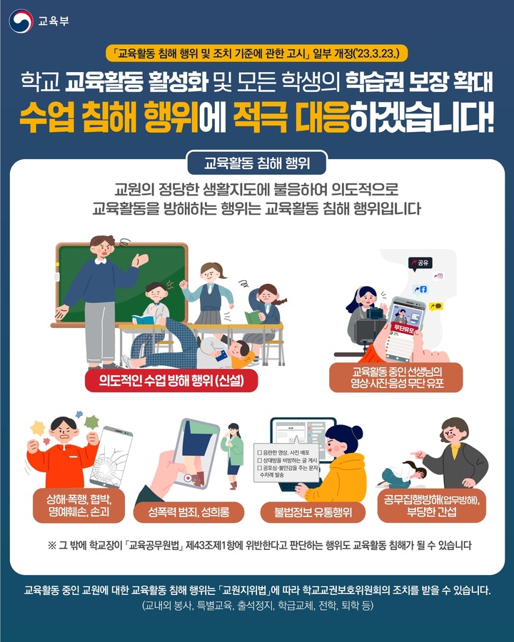 교사 지도 불응하면 교권침해…재발시 퇴학도 가능