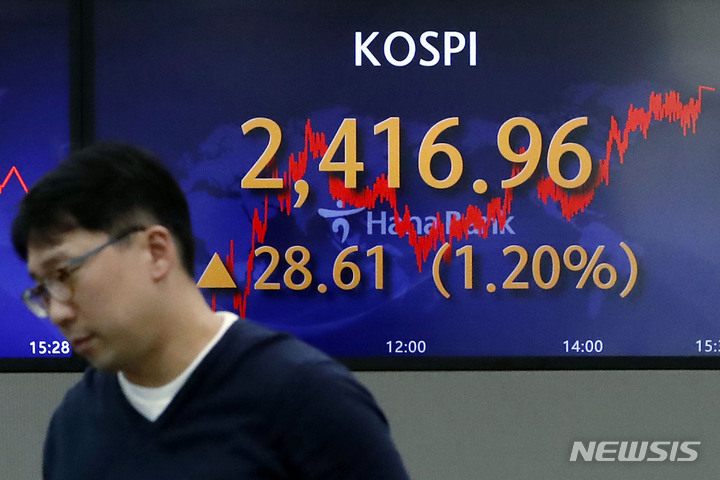 [서울=뉴시스] 최동준 기자 = 코스피가 전 거래일보다 28.61포인트(1.20%) 오른 2416.96으로 장을 마친 22일 서울 중구 하나은행 딜링룸에서 딜러들이 업무를 보고 있다. 2023.03.22. photocdj@newsis.com