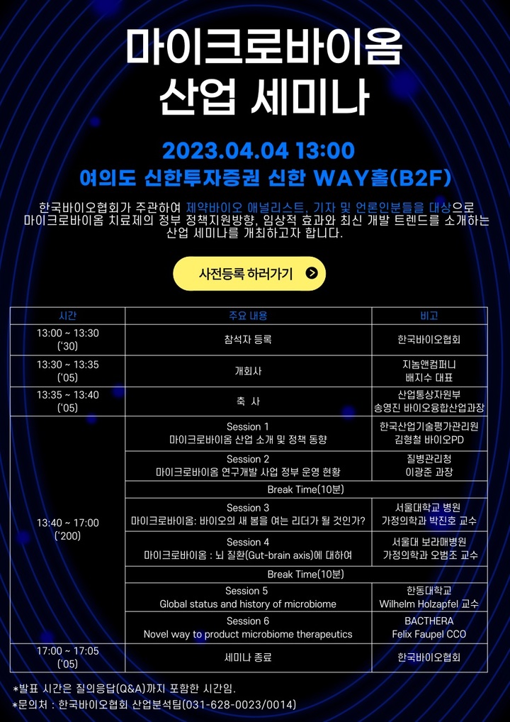 [서울=뉴시스] 마이크로바이옴 산업 세미나 포스터 (사진=한국바이오협회 제공) *재판매 및 DB 금지