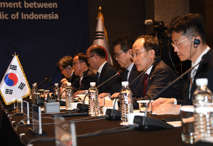 [서울=뉴시스] 23일 오후 서울 플라자 호텔에서 열린 '제1차 한-인도네시아 고위급 투자대화'에서 추경호 경제부총리 겸 기획재정부 장관이 발언하고 있다. (사진 = 기획재정부 제공) 2023.03.23.&nbsp; *재판매 및 DB 금지