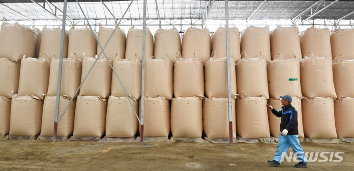 [화성=뉴시스] 김종택 기자 = 과잉 생산된 쌀을 정부가 의무적으로 매입하는 내용의 양곡관리법 개정안이 국회 본회의에 상정돼 표결 절차를 밟을 예정인 23일 경기도 화성시 비봉농협 수라청미곡종합처리장에서 관계자가 수매 후 보관중인 쌀 수량을 확인하고 있다. 2023.03.23. jtk@newsis.com