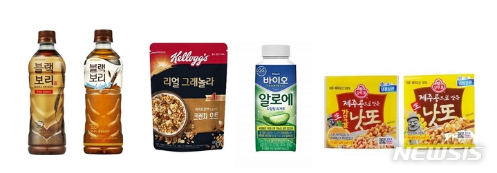 [서울=뉴시스]이미지(왼쪽부터): 하이트진로음료 ‘블랙보리’, ‘블랙보리 라이트’, 농심켈로그 ‘리얼 그래놀라 크런치 오트’, 매일유업 ‘매일 바이오 알로에 드링킹 요거트’, 오뚜기 ‘제주콩으로 만든 생감귤낫또’, ‘제주콩으로 만든 생낫또’의 모습.(사진=각사 제공)