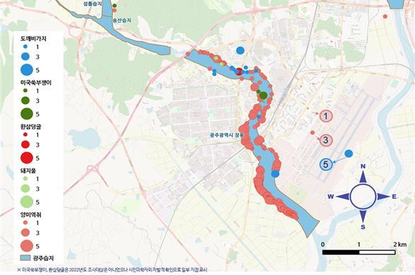 [서울=뉴시스]광주광역시 장록 생태계교란 식물 분포현황 지도 예시.(자료=국립생태원 제공) 2023.03.26. photo@newsis.com *재판매 및 DB 금지 *재판매 및 DB 금지