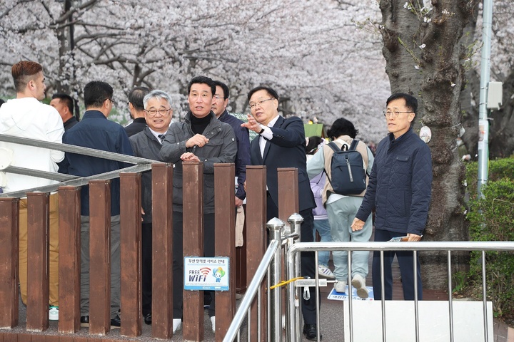 [창원=뉴시스] 강경국 기자 = 홍남표 경남 창원특례시장과 하종목 제1부시장, 정현섭 문화관광체육국장 등 관계 공무원들이 제61회 진해군항제 개막 첫날인 25일 관광객들이 집중되는 장소를 둘러보며 교통상황과 안전시설, 인파 밀집 현황 등을 점검하고 있다. (사진=창원시청 제공). 2023.03.26. photo@newsis.com *재판매 및 DB 금지