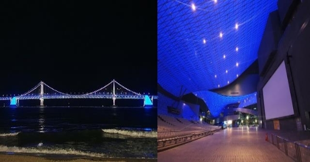 [부산=뉴시스] 2022년 세계 자폐인의 날 맞이 '블루라이트' 캠페인을 진행했던 광안대교(왼쪽)과 영화의전당. (사진=부산시 제공) *재판매 및 DB 금지