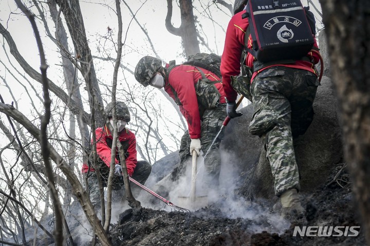 [인천=뉴시스] 이루비 기자 = 27일 해병대 2사단 장병 400여명이 인천 강화군 마니산 산불 현장에 투입돼 잔불 제거 작업을 벌이고 있다. (사진=해병대 2사단 제공)