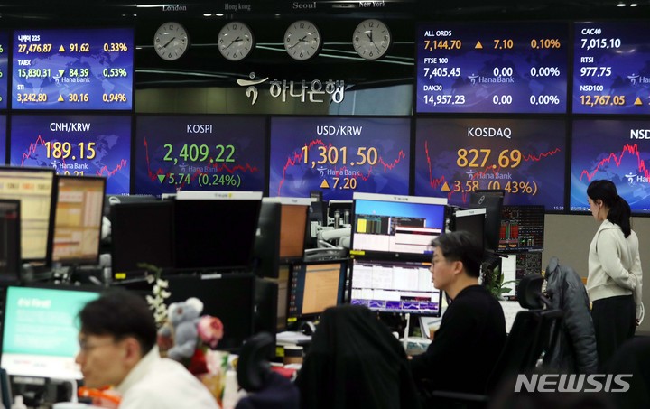 [서울=뉴시스] 조성봉 기자 = 코스피가 전 거래일보다 5.74포인트(0.24%) 하락한 2409.22에 장을 마감한 27일 오후 서울 중구 하나은행 딜링룸에서 딜러들이 업무를 보고 있다. 이날 코스닥지수는 전 거래일 보다 3.58포인트(0.43%) 오른 827.69에, 원·달러 환율은 전 거래일 보다 7.2원 오른 1301.5원에 마감했다. 2023.03.27. suncho21@newsis.com