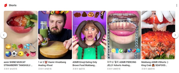 [서울=뉴시스]유튜브 상에 검색되는 각종 '먹방' '이팅 ASMR' 쇼츠(사진=유튜브 화면 캡처) 2023.03.28. photo@newsis.com *재판매 및 DB 금지