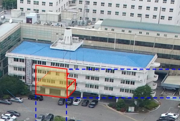 [청주=뉴시스] 충북 청주시 신청사 부지 안에 이전 보존되는 옛 본관동 일부 구조물(빨간선). photho@newsis.com *재판매 및 DB 금지