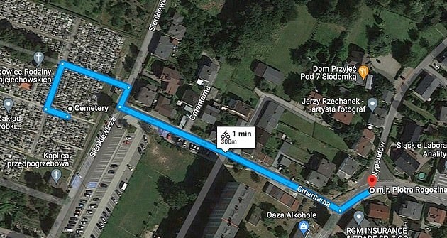 [라들린=뉴시스] 폴란드 라들린에 거주 중인 한 남성이 어머니의 시신을 도굴해 13년 간 집안에 보관했다. 미라화 된 시신은 집을 방문한 친척들에 의해 발견됐다. 사진은 자전거로 시신을 운반한 남성의 추정 이동 경로 (사진출처: 구글 맵) 2023.03.29. *재판매 및 DB 금지