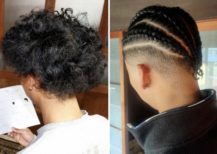 [서울=뉴시스] 일본 효고현의 한 고등학교 졸업식에서 레게머리를 한 흑인 혼혈 학생이 '단정하지 못하다'는 이유로 격리됐다고 28일 마이니치신문이 보도했다. 위 사진은 흑인 혼혈 학생의 평소 곱슬머리(좌)와 레게머리로 치장한 모습(우). (출처 : 일본 마이니치신문)2023.03.29 *재판매 및 DB 금지