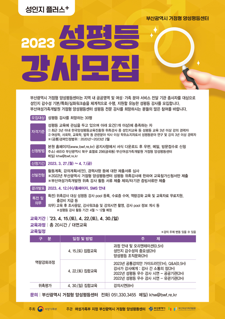 부산 거점형 양성평등센터, 성평등 강사 양성에 박차