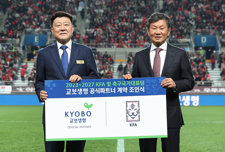 [서울=뉴시스]28일 서울월드컵경기장에서 열린 '대한축구협회(KFA)-교보생명 공식파트너 계약 조인식'에서 편정범 교보생명 대표이사 사장(왼쪽)과 정몽규 대한축구협회장이 기념촬영을 하고 있다.(사진=교보생명 제공)2023.03.29 photo@newsis.com *재판매 및 DB 금지