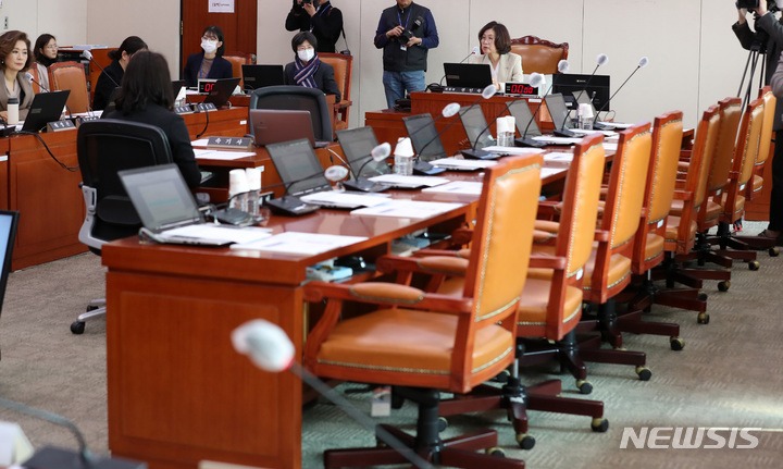 [서울=뉴시스] 이영환 기자 = 권인숙 국회 여성가족위원장이 29일 오전 서울 여의도 국회에서 열린 일제강점기 여자근로정신대 피해자에 대한 보호ㆍ지원 및 기념사업 등에 관한 법률 제정을 위한 공청회를 주재하고 있다. 이날 공청회에는 이국언 일제강제동원시민모임 이사장, 이나영 정의기억연대 이사장, 최봉태 대한변호사협회 일제피해자인권특별위원장이 진술인으로 참석했으며 국민의힘 의원들은 불참했다. 2023.03.29. 20hwan@newsis.com