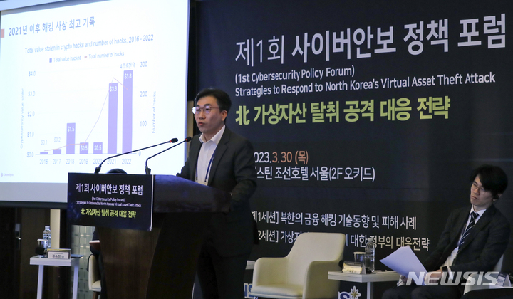 [서울=뉴시스] 최진석 기자 = 호명규 체이널리시스 코리아 상무가 30일 서울 중구 웨스틴 조선 서울에서 열린 제1회 사이버안보 정책 포럼에서 북한의 금융 해킹 기술동향 및 피해 사례를 발표하고 있다. 국가정보원과 국가보안기술연구소는 북한의 가상자산 탈취 등 사이버 위협이 심화되는 상황에서 정부의 정책추진 동향을 국민에게 알리고 정책보완 방안을 강구하기 위해 이번 포럼을 개최했다. 2023.03.30. myjs@newsis.com