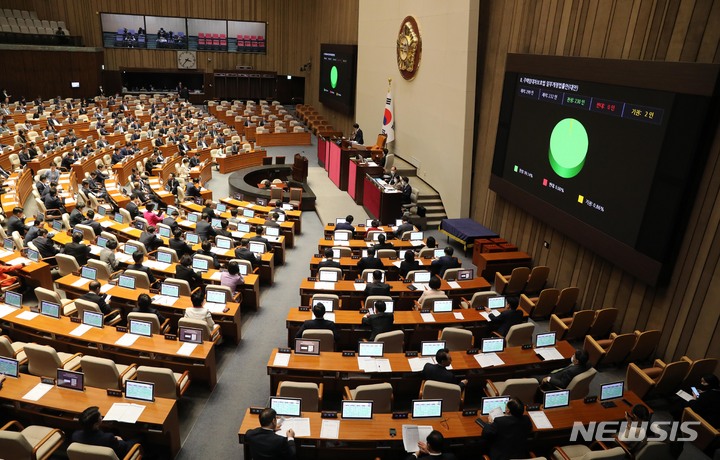 [서울=뉴시스] 고범준 기자 = 30일 오후 서울 여의도 국회 본회의장에서 열린 제404회 국회(임시회) 제2차 본회의에서 주택임대차보호법 일부개정법률안(대안)이 재적 299인, 찬성 230인, 반대 0인, 기권 2인으로 가결되고 있다. 2023.03.30. bjko@newsis.com