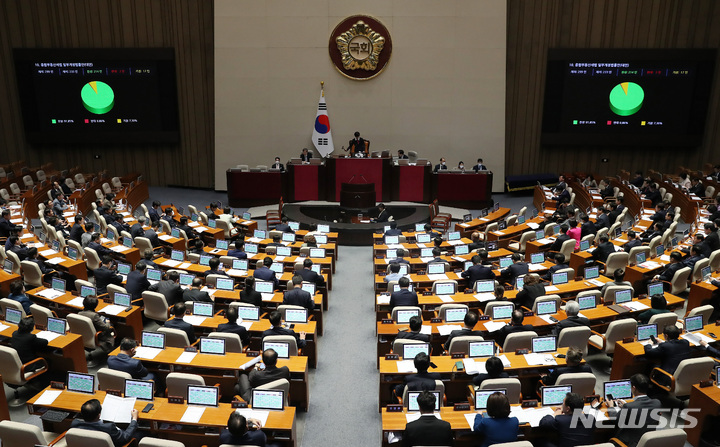 [서울=뉴시스] 이영환 기자 = 30일 오후 서울 여의도 국회 본회의장에서 열린 제404회 국회(임시회) 제2차 본회의에서 종합부동산세법 일부개정법률안(대안)이 재적 299인, 재석 233인, 찬성 214인, 반대 2인, 기권 17인으로 가결되고 있다. 2023.03.30. 20hwan@newsis.com