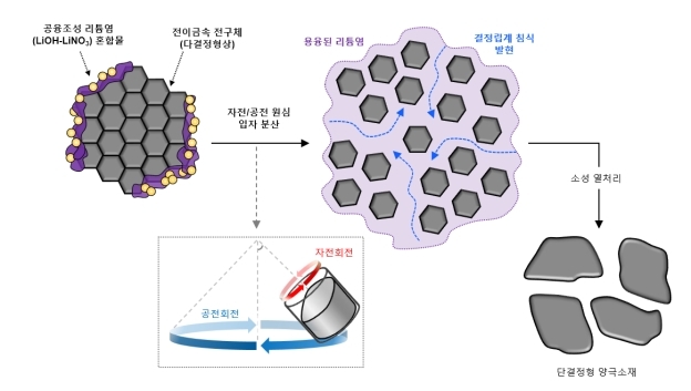 [울산=뉴시스] 단결정 양극합성을 위한 LiOH-LiNO3 리튬염 및 공자전 혼합 모식도. *재판매 및 DB 금지