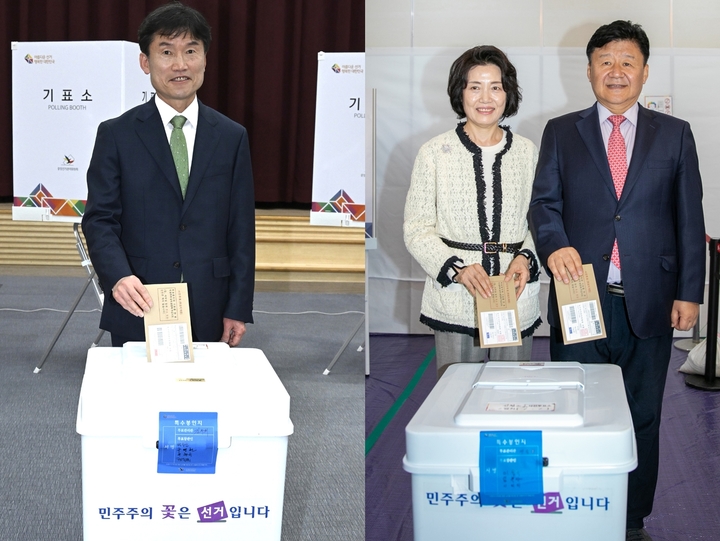 [울산=뉴시스] 4·5 울산교육감 보궐선거에 출마한 후보들이 사전투표 첫날인 31일 모두 투표를 마쳤다. 왼쪽부터 천창수, 김주홍 후보와 그의 부인 김민정씨.&nbsp; *재판매 및 DB 금지
