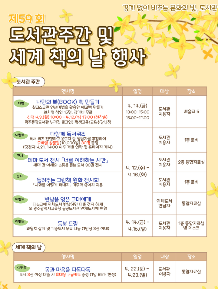 [광주=뉴시스] 광주중앙도서관 12일~23일 '제59회 도서관주간·세계 책의 날' 행사. (사진=광주시교육청 제공). photo@newsis.com *재판매 및 DB 금지