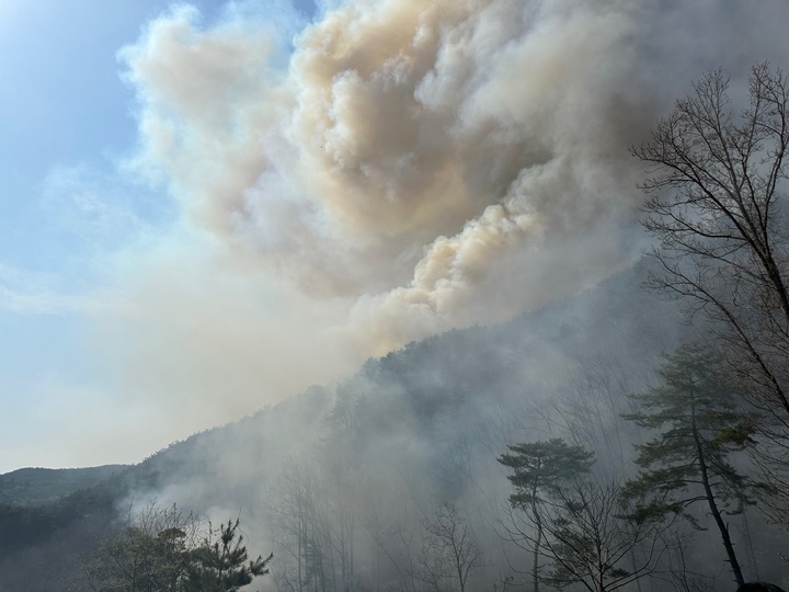 영주시 평은면 오운리에서 산불이 발생해 연기가 솟아오르고 있다. (사진=영주시 제공) *재판매 및 DB 금지