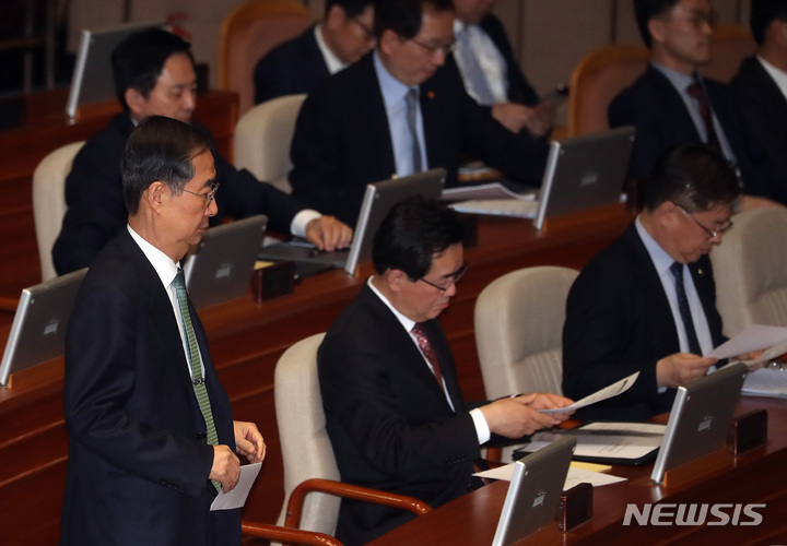 [서울=뉴시스] 이영환 기자 = 한덕수 국무총리가 4일 오후 서울 여의도 국회 본회의장에서 열린 제405회국회(임시회) 제2차 본회의 경제 분야 대정부질문에 참석하고 있다. 2023.04.04. 20hwan@newsis.com