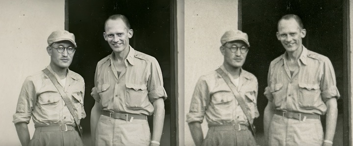 [천안=뉴시스] 한국광복군 소속 이범석 장군과 미국 전략정보국(OSS) 소속 클라이드 사전트 대위가 나란히 선 모습. 오른쪽 사진은 사전트 대위 유족이 기증한 사진 원본, 왼쪽은 SK텔레콤이 슈퍼노바 기술로 화질 개선한 사진. (사진=독립기념관 제공) *재판매 및 DB 금지