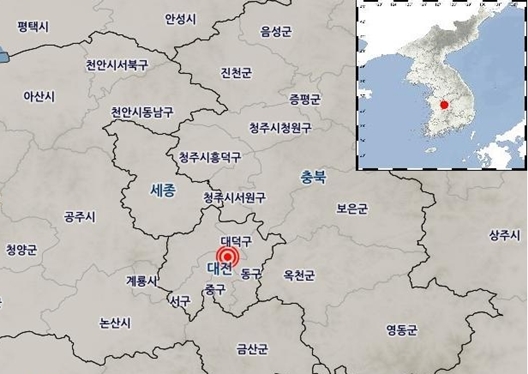 [뉴시스=대전]8일 발생한 1.9 규모 지진 발생 대전 대덕구 위치도.(사진=기상청) *재판매 및 DB 금지