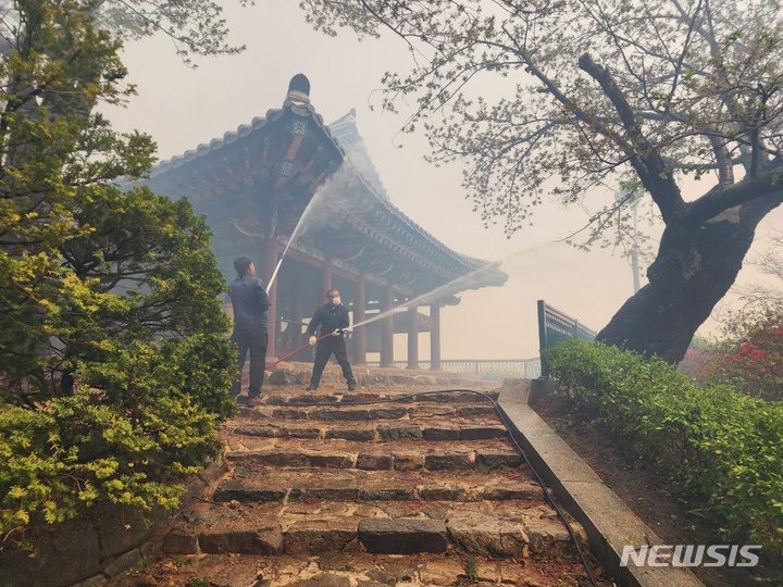 [강릉=뉴시스] 이순철 기자 = 11일 오전 8시 22분께 강원 강릉시 난곡동 일원에서 발생한 대형 산불에 진화대원들이 경포대 정자를 사수하고 있다. 산림·소방당국은 산불대응 3단계를 발령하고 진화 인력을 강릉으로 집중시키고 있다. 현재 1129명의 진화 인력이 동원됐다. 산림당국은 피해상황을 170㏊이상으로 추정하고 있다. 2023.04.11. cw32784@newsis.com