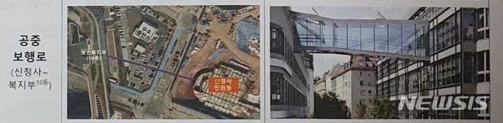 [세종=뉴시스] 국토연구원 연구용역 상의 행정안전부 및 기획재정부가 입주한 정부세종청사 중앙동과 보건복지부가 있는 기존 10동 청사 건물 간 공중 보행로 구축 방안. (출처= 행안부 정부청사관리본부)