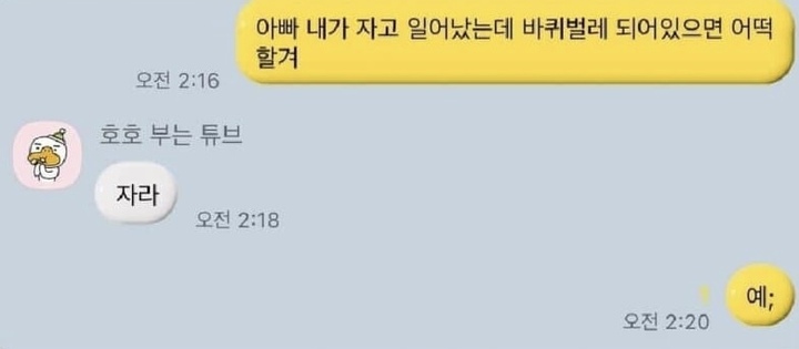 [서울=뉴시스] 다른 누리꾼의 아빠가 "바퀴벌레가 되면 어떻게 할 거야"라는 자식의 단호한 말투로 "자라"라고 대답했다. (사진=온라인 커뮤니티 밈과드립 캡처) 2023.04.12 photo@newsis.com *재판매 및 DB 금지