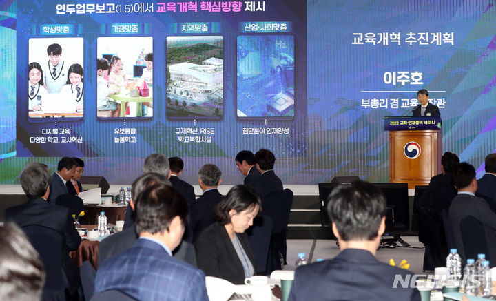 [세종=뉴시스] 강종민 기자 = 이주호 부총리 겸 교육부 장관이 19일 세종시 어진동 세종컨벤션센터에서 열린 교육·인재정책 세미나에서 교육개혁 3대 핵심정책을 소개하고 있다. 2023.04.19. ppkjm@newsis.com