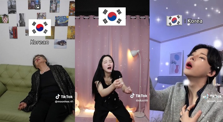 [서울=뉴시스]유튜브 쇼츠와 틱톡 등 온라인 동영상 플랫폼에서는 '국가별 총 맞기', '나라별 총 맞았을 때' 등의 상황극 콘텐츠가 잇따라 올라오고 있다. (사진=틱톡 영상 캡처 갈무리. 왼쪽부터 나문희·유백합·노아) 2023.04.20. photo@newsis.com *재판매 및 DB 금지