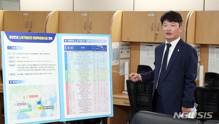 [무안=뉴시스] 이창우 기자=박창환 전남도 정무부지사가 20일 오후 도청 기자실에서 국토교통부 등 관계부처 합동으로 추진한 '2024년 노후거점산업단지 경쟁력강화사업지구 공모사업'에 광양만권산단이 최종 선정됐다고 발표하고 있다. (사진=전남도 제공) 2023.04.20. photo@newsis.com