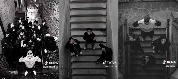 [서울=뉴시스]계단에 모인 사람들이 위를 바라보며 사진을 찍는 이른바 'GTA IV trend'가 숏폼에서 화제다. (사진=틱톡 영상 캡처 갈무리. 왼쪽부터 계정 'ysk01soffical', 'rrd_nicole', 'mazige_' 순). 2023.04.24. photo@newsis.com *재판매 및 DB 금지