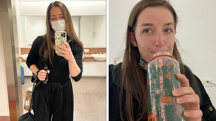 [서울=뉴시스] 사진은 미국 비즈니스인사이더 여행전문기자 모니카 험프리스가 실제 해외 장거리 비행에서 텀블러를 사용하는 모습. (사진=미국 비즈니스인사이더)2023.04.24. *재판매 및 DB 금지