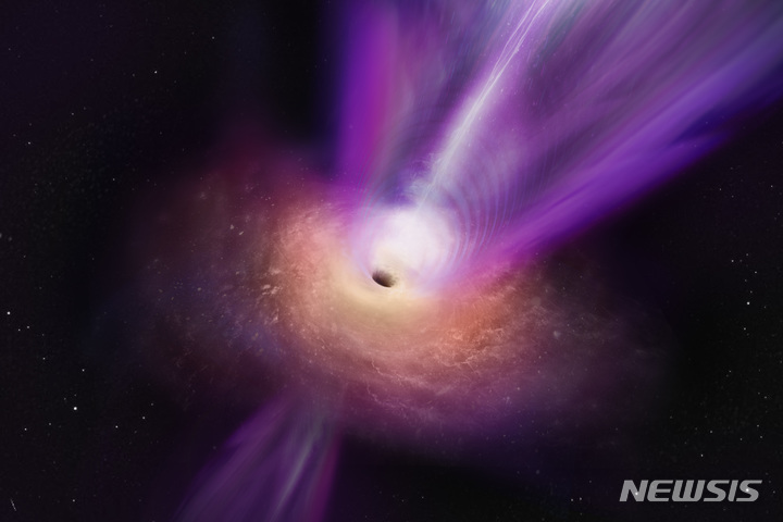 [서울=뉴시스]블랙홀의 부착원반과 제트 상상도. (사진=천문연 제공)