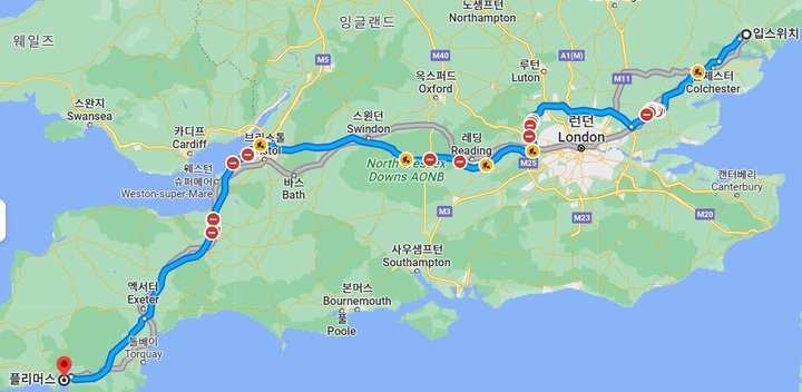 [서울=뉴시스] 고양이는 자동차를 타고 영국 입스위치에서 플리머스까지 약 520㎞를 몰래 이동했다. (사진=구글맵) 2023.04.27. *재판매 및 DB 금지