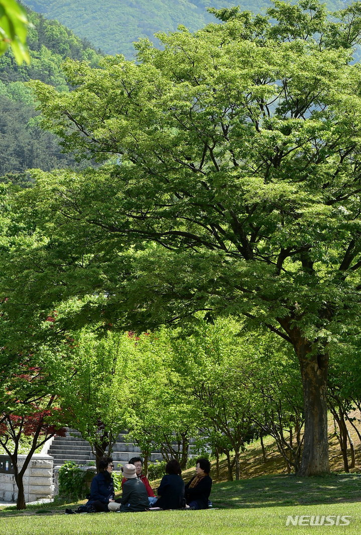 [대구=뉴시스] 이무열 기자 = 27일 오후 대구 수성구 대구스타디움 광장에서 시민들이 나무그늘 아래서 휴식을 취하고 있다. 2023.04.27. lmy@newsis.com