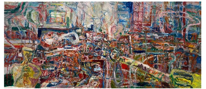 정주원, <깊은 밤 속 뚝딱 바람> 2023, 캔버스에 유채, 153×337cm *재판매 및 DB 금지